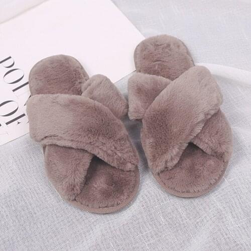 Warm Fluffy Slippers Women Cozy Faux Fur Cross Indoor Floor Slides Flat Soft Furry Shoes Ladies Female Celebrities Flip Flops