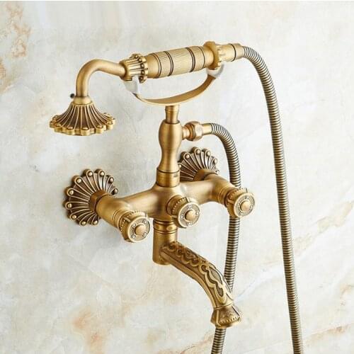 Vintage Carved Flower Antique Brass Double Handles Wall Mounted Claw Foot Bathroom Tub Faucet Mixer Tap With Handshower mtf750