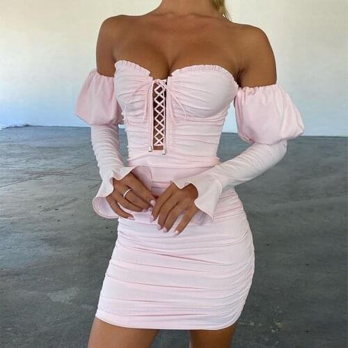 Off Shoulder Strapless Bodycon Dress Puff Sleeve Bandage Ruched Sexy Party Dresses Ruffles Ladies Vestidos 2021 Missnight