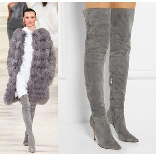 Winter Women Shoes Warm Wool Martin Boots Pure Color Suede Pointed Toe Thin Heels Over-the-knee Thigh High Boots Botas De Mujer