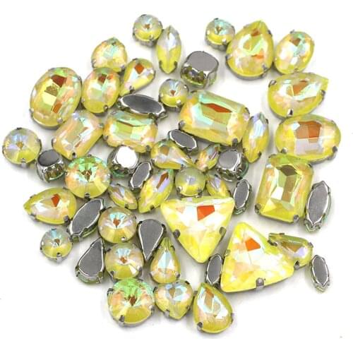 Clothing accessories mixed shape Crystal Yellow AB Mocha glass crystal sewing rhinestones with silver base for dress/shoes