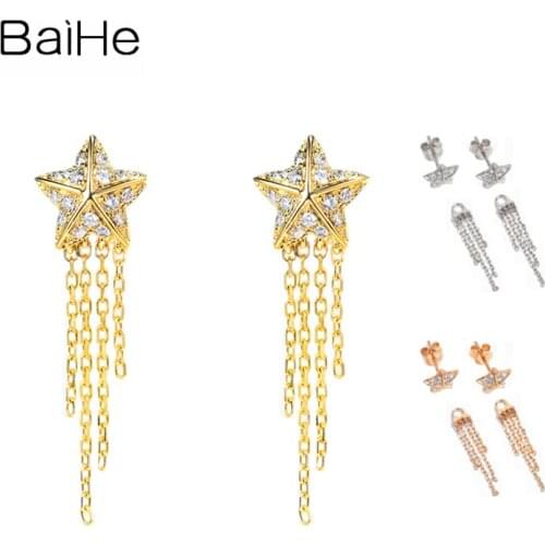 BAIHE Solid 18K Yellow/Rose/White Gold 0.16ct H/SI Round Natural Diamonds Fine Jewelry Star Earrings tassel Stud Earrings Women