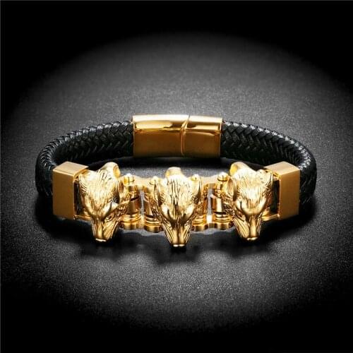 Punk Style Men Bracelet Black wide Leather 3 Gold Wolf Head Stainless Steel Bracelet Street Trend Fashion Male Bracelets Jewelry