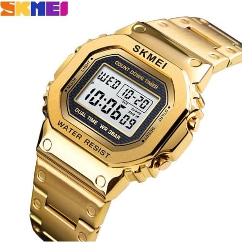 SKMEI Gold Sport Watches For Men 3Bar Waterproof Digital Watch Fashion Alloy Case Alarm Stainless Steel Wristwatches 1456