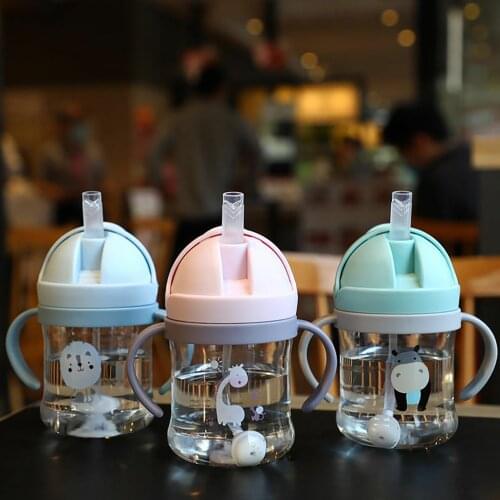 Infant Bottle Children Cartoon Animal Drinking Water Bottle Sippy Cup With Silicone Straw 300ml Double Handle Drinking Cup