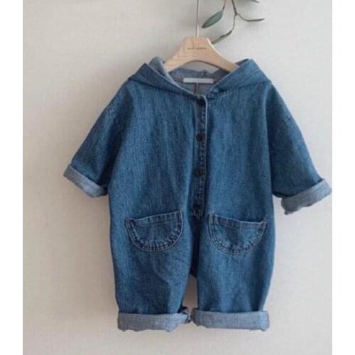 Korean Style Infant Baby Girls Boys Cowboy Jumpsuit Long Sleeve Hooded Collar Toddler Baby Romper Spring Autumn Baby Clothes