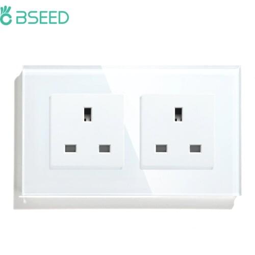 BSEED Double Wall Sockets 13A UK Standard Power Outlets Tempered Crystal Panel 146mm White Black Golden
