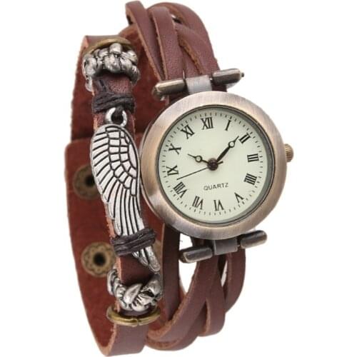 Gnova Platinum Vintage Women Genuine Roma Number Angel Wing Charm Leather Watch Girl Dress Wristwatch Pentagram Wrap Quartz