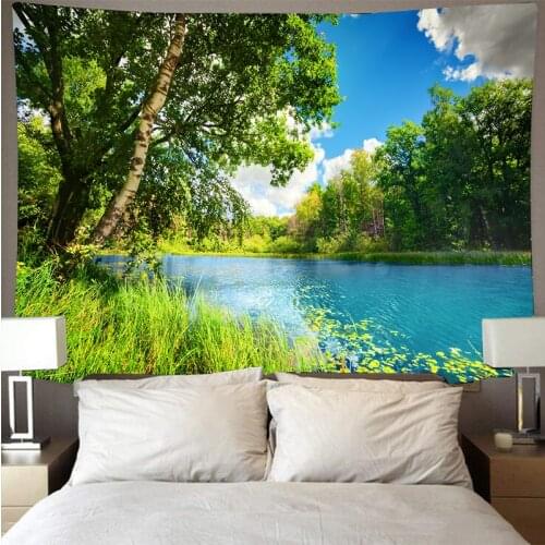 Mountain Forest Lake Landscape Tapestry Printed Wall Covering Psychedelic Wall Hanging Beach Towel Polyester Thin Blanket Yoga