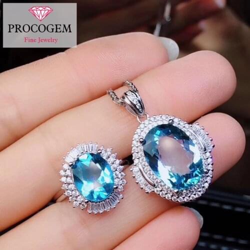 Natural Blue Topaz Jewelry sets for Women Party Real gemstone fine Jewelry Pendant Necklace Ring 925 Sterling silver #297