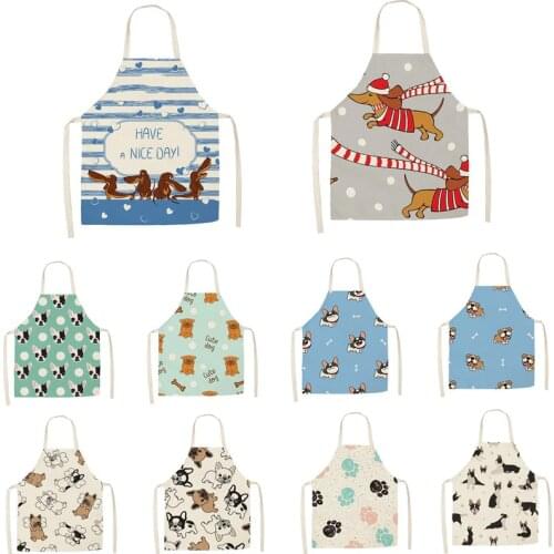 1Pcs Kitchen Apron Cartoon Dog Printed Sleeveless Cotton Linen Aprons for Men Women Home Cleaning Tools 55*68cm