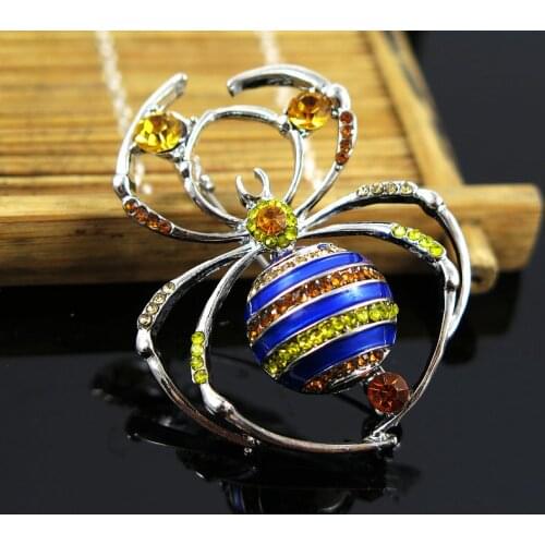Fashion Women Men Spider Brooches Jewelry Brand Rhinestone Crystal Pin Brooch For Personality Women Blue Enamel Insect Pins
