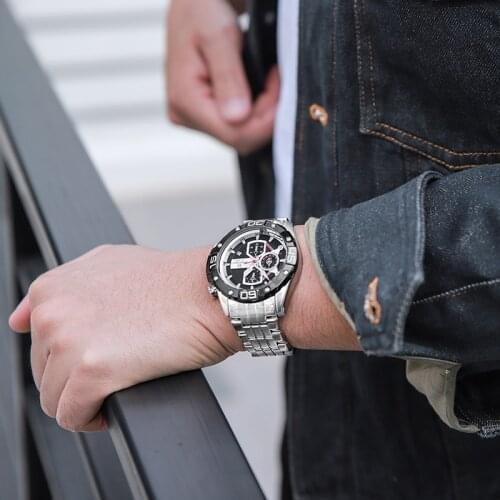 NAVIFORCE Mens Analog Quartz Chronograph Watch with Silver Stainless Steel Strap Sport Fashion Casual Waterproof Luminous Watch