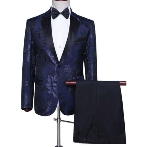 Men Business Wedding Suits 2021 New Printing Design Navy Blue Shawl Lapel Groom Tuxedos Mens Slim Wedding Prom Suits