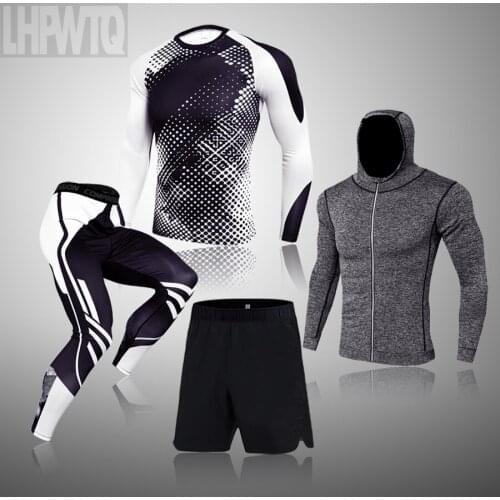 Brand 4 Piece Suit Men Running Sports Suit MMA Compression Sportswear Rash Guard Male Bodybuilding T-Shirt Pants Man Training