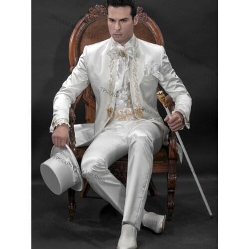 Ivory Stand Collar Men Suits Stand Collar Fashion Tuxedos Embroidered Noble Terno Slim Blazer (Jacket+Pant+Bowtie+Handkerchiefs)