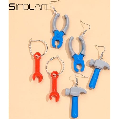 Sindlan 3 Pairs Punk Tools Multi Color Earrings for Women Hip Pop Hammer Set Young Girl Cool Gift EDGY Unisex Fashion Jewelry