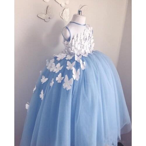 A-Line Puffy Tulle Wedding Flower Girl Dress Handmade Butterflies Pageant Gowns Girls Party Birthday Dress