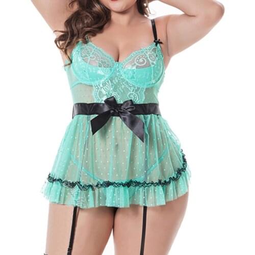 4XXL Plus Size Ladies Erotic Nightdress Lace Bow Transparent Sleepwear V Neck Mini Dress Nightgown Porno See Though Lingerie