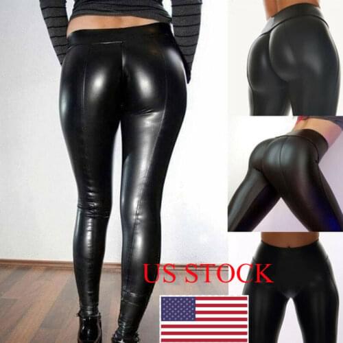 Womens Black Wet Look Leather Moto PU High Waist Legging Clubwear Slim Pants Push Up Long Ladies Sexy Skinny Leggings Hot