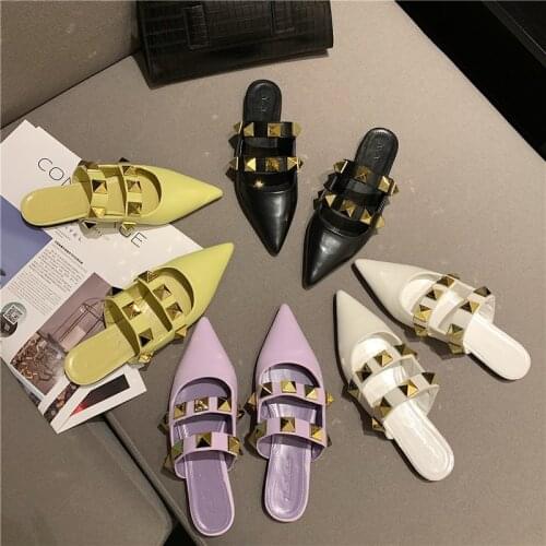 Baotou Half Slippers Womens 2021 New Sharp Rivet Flat Bottom Muller Shoes