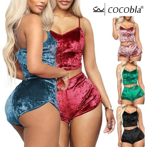 Womens Velvet 2 Piece Pajama Set Sexy Spaghetti Strap Camisole Sleeping Clothes Women Bodysuit Lingerie Red Nightwear