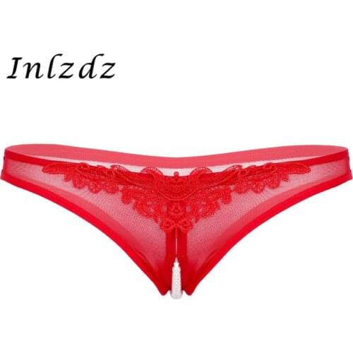 Womens Lingerie Sex Underwear See Through Sheer Mesh Low Rise Crotchless with Artificial Pearls Cheeky G-string Briefs Underwear