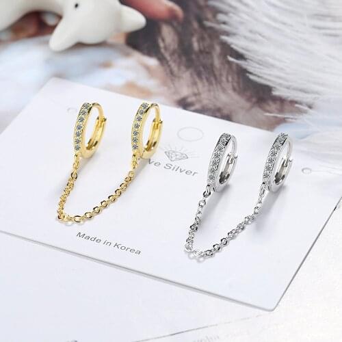 1PC New Double Ear Hole Cubic Zircon Stud Earrings for Women silver color tassel Chain Earring Jewelry For Women