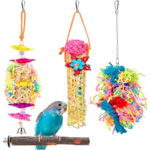 4psc Bird Toy Brushed Bamboo Net Paper Straw Sepak Takraw Gnaw Parrot Toy Bamboo Woven Cotton String Standing Bar Pet Supplies