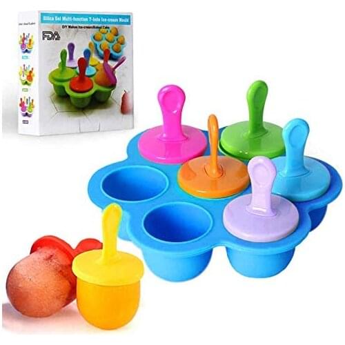 7 Cavity Mini Silicone Ice Lollipop Mold with Colorful Plastic Sticks Cream Mold Baby Food Storage Containers Ice Cube Trays