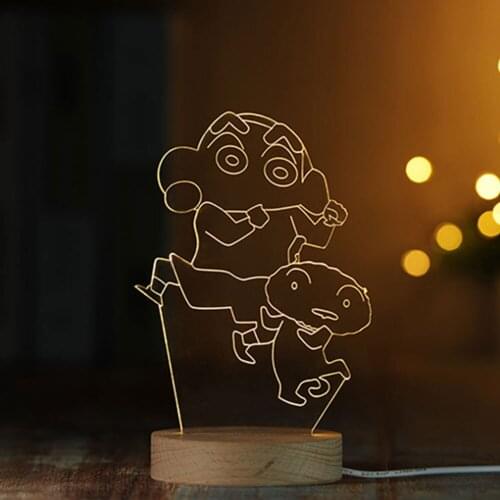 Crayon Shin-chan Anime Figure 3D LED Night Light Dimmable Visual 3D Lamp Wooden Base Table Lamp for Bedromm Home Decor Kids Gift