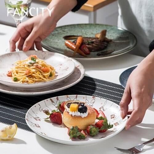FANCITY Plate home 2021 new creative cute disc tableware dish ceramic simple steak flat plate Japanese dinner plate