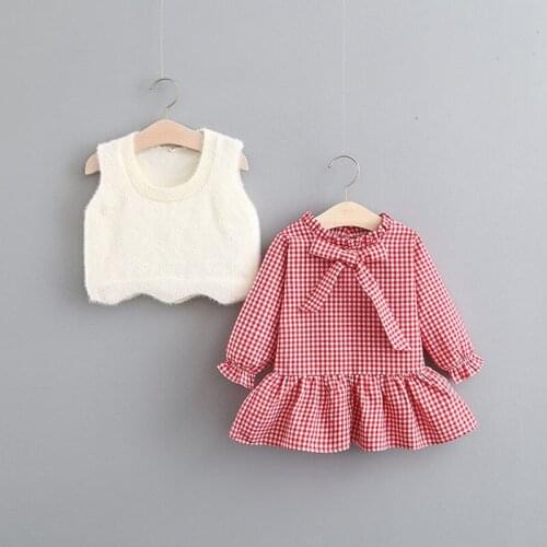 2020 Autumn Winter Girls Dress Girl Two-piece Small Lattice Casual Wear Princess Dress Long Sleeves Kids Dresses For 1-3 Y Girls