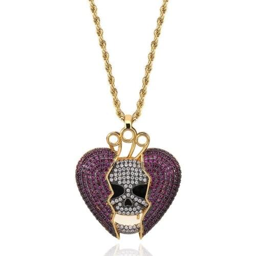 OMYFUN Factory Price Hip Hop Broken Heart Pendant Necklace with CZ Iced Pave Skull Bling Pendants & Necklaces Rock Party Jewelry