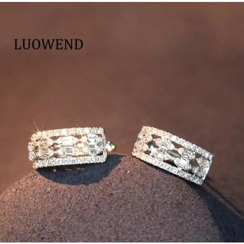 LUOWEND 100% Solid 18K White Gold Earrings Fashion Hoop Earrings 0.90 CT Real Natural Diamond Earring Luxury Design for Women