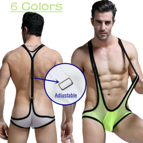 Mesh See Through Men Bodysuit Male Undershirt One-Piece Jumpsuit Leotard Wrestling Singlet Jockstrap Sexy Mini Boxers Underwear