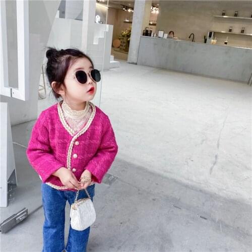 Spring Korean Girls French Fragrance Pearl Cardigan Jacket Rose Red Plaid Woolen Coat Kids Jackets for Girls Elegant Hemming