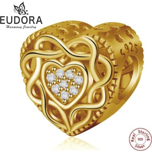 EUDORA Classic New 925 Sterling Silver Gold Celtics Knot Heart Charms Pendants fit Bracelet for Women Jewelry Accessories CYZ042