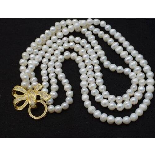 Good Natural 3rows freshwater white pink black pearl near round 8-9mm pearls 18-20" with zircon clasp necklace