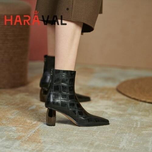HARAVAL Women Ankle Boots Shoes HIgh Heels Black Green Modern Boots Pointed Toe Fashion Elegant Zipper Shoes Women FootwearE475L