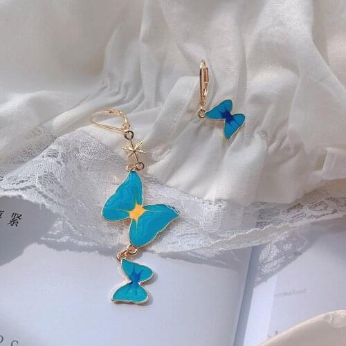 TIMEONLY Blue Painting Enamel Butterfly Earrings Gold Color Metal Asymmetric Simulation Wing Hoop Earrings for Women Brincos