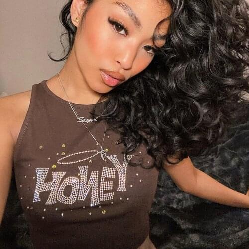 2000s Vintage Brown Crop Top Women Sleeveless O Neck Summer Casual Party Y2K Rhinestone Letter Print Sexy Tank Tops Mini Vest