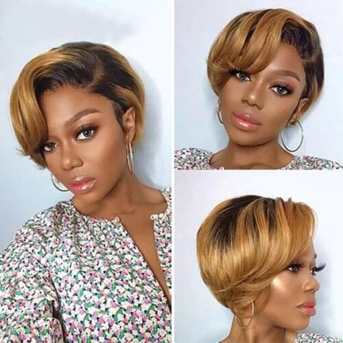 Honey Blonde Human Hair Wig Pixie Cut Short Bob Wigs Ombre Colored T Part Lace Hair Wig Burgundy Red For Black Women Nabeauty