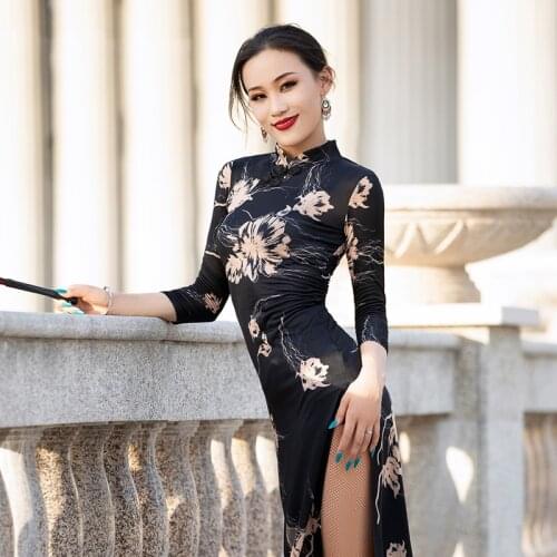 Latin Dance Cheongsam Dress Women Chinese Style Sexy Black Dress For Ladies Party Costume Tango Ballroom Dancing Clothes BL4451