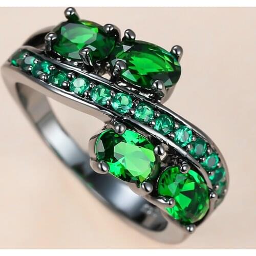 Vintage Female Green Crystal Stone Ring Charm 14KT Black Gold Wedding Rings For Women Luxury Oval Round Zircon Engagement Ring