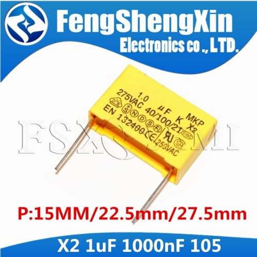 10pcs 1000nf capacitor X2 capacitor 275VAC Pitch 275V 15mm 22.5mm 27.5mm X2 Polypropylene film 105 105k 1uF Safety capacitors