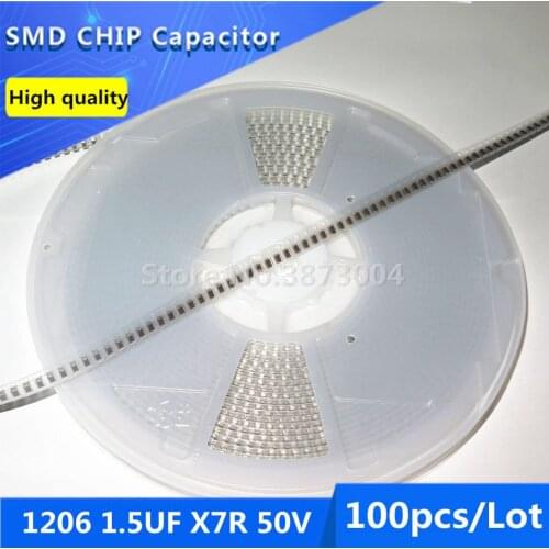 100pcs 1206 1.5UF X7R 50V 10% Thick Film Chip Multilayer Ceramic Capacitor