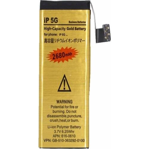 100pcs /lot 2680mAh 0 zero cycle Replacement Gold Li-Polymer Battery For iPhone 5G 5 G Accumulator Batteries