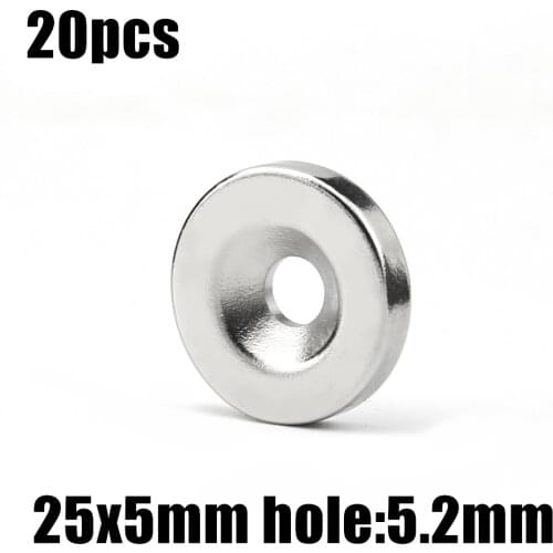 20pcs 25 x 5 mm Hole: 5.2mm super Strong Round Neodymium Countersunk Ring Magnets Rare Earth N50 Free Shipping