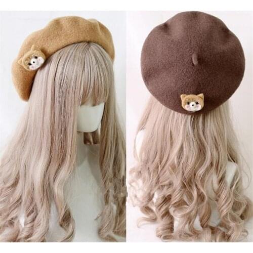 Lolita Berets Wool Felt Bear Dog Brooch Hat Cute Girl Warm Autumn Winter Chic Sweet Painter Hat B1710